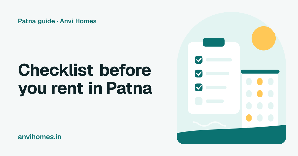 Illustration of a checklist and a flat, for a guide to what to check before renting a flat in Patna