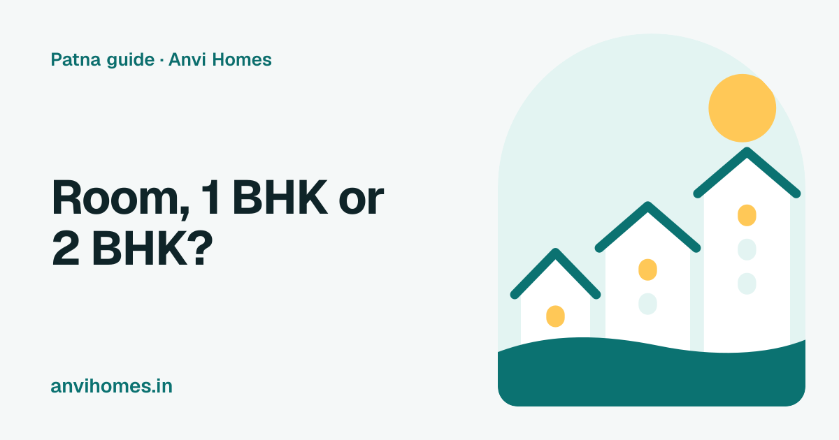 Illustration comparing a room, a 1 BHK and a 2 BHK flat, for a guide to choosing what to rent in Patna